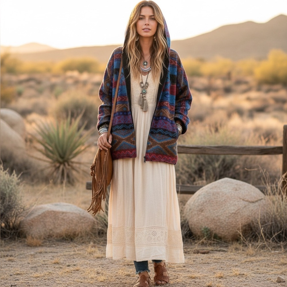 NWT Western Aztec Artsy Boho Sz L Fleece Lined Full-Zip Hooded Jacket